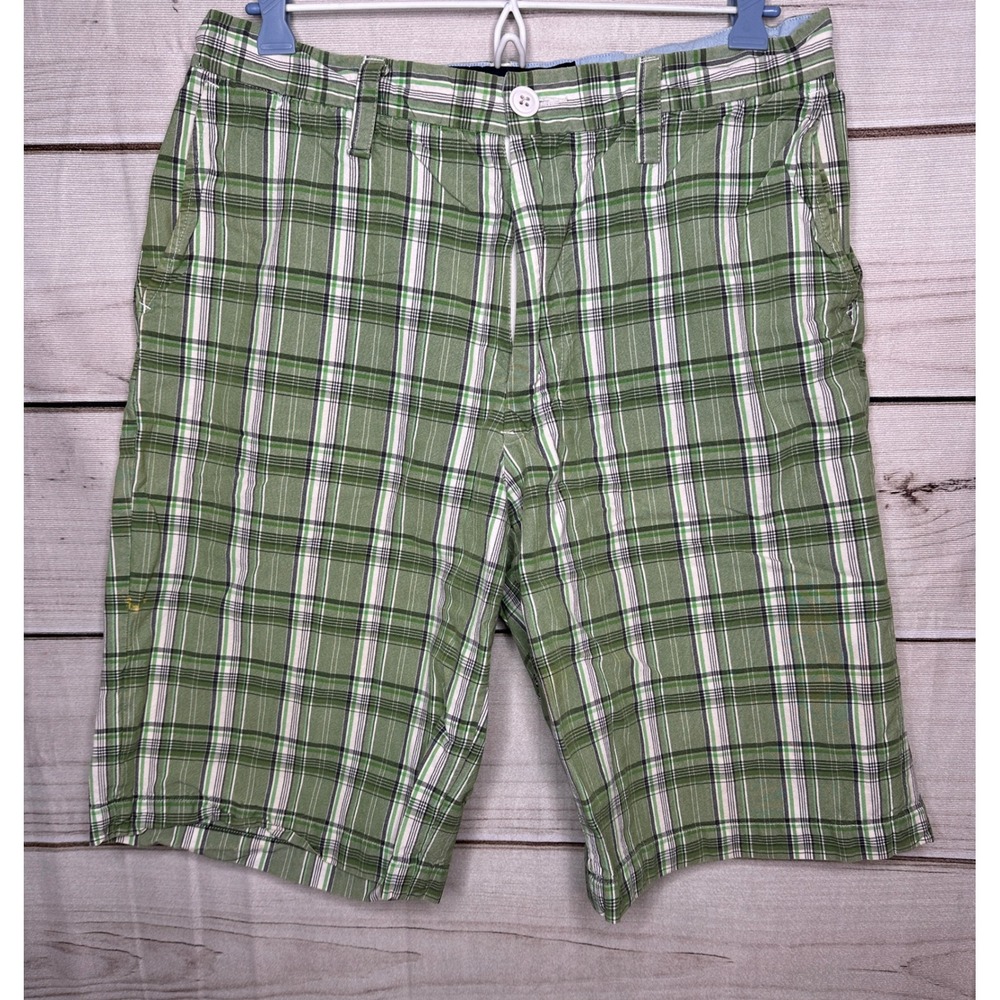 Nautica Jeans Company Plaid Shorts Mens 32 Green White Cotton Casual Flat Front